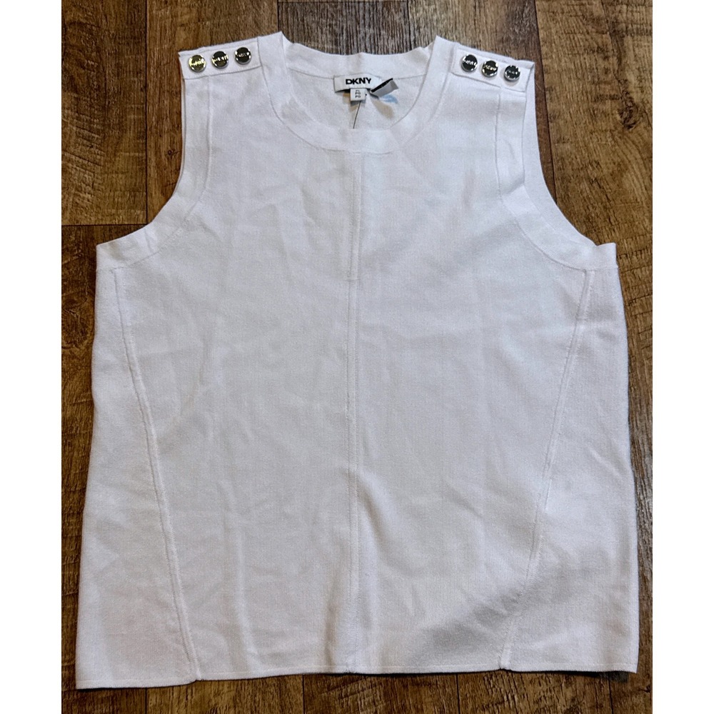 DKNY Womens White Sleeveless Knit Shell Top Button Shoulder PL casual office